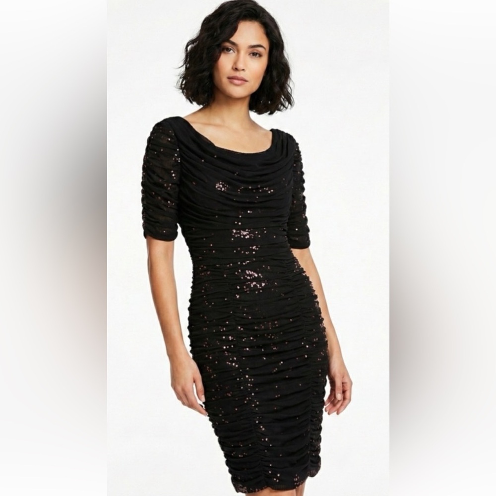 ALEX EVENINGS- Dress - Shimmering Rose Sequin Covered Ruches Black Chiffon SZ 6